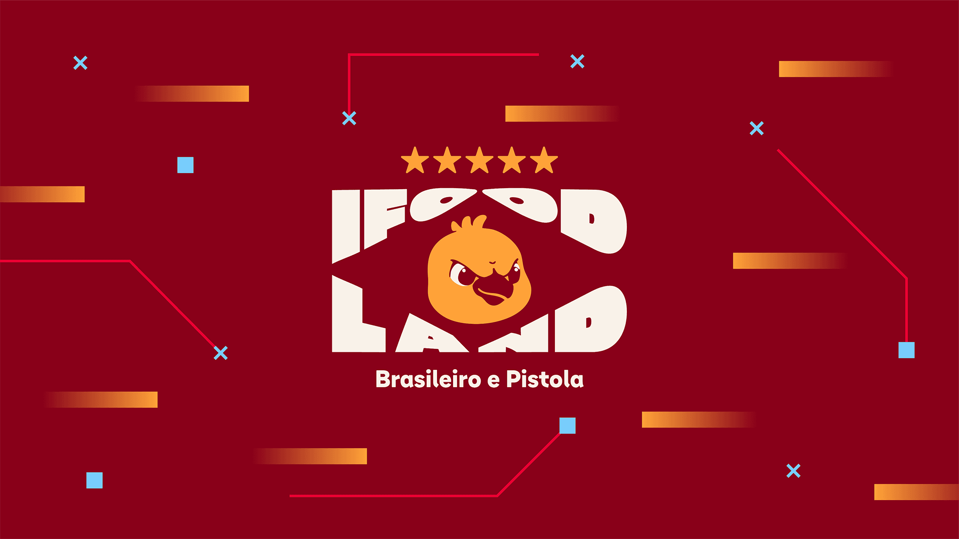 Marca iFood Land em letras brancas sobre vermelho, com um mascote laranja ao centro, cinco estrelas acima e a frase Brasileiro e Pistola abaixo
